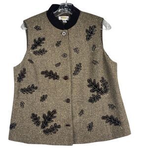Talbots wool blend herringbone vest with embroidered applique leaves, brown sz M